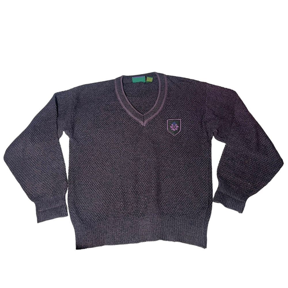 Mens Vtg Huntington Horn Sweater Embroidered Logo Purple Black Size Small